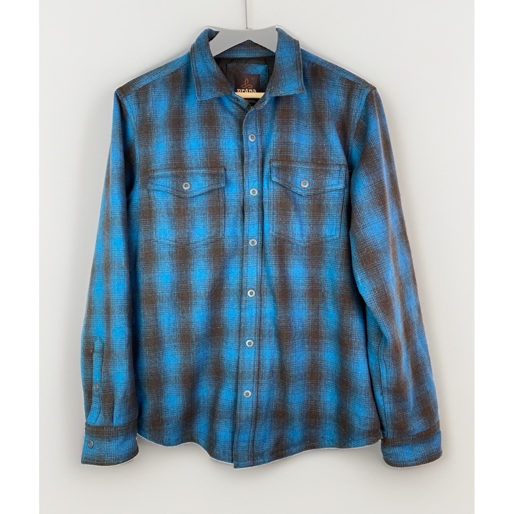prAna Men's M Blue Plaid Wool Blend Lined Zip Snap Shirt Jacket Shacket